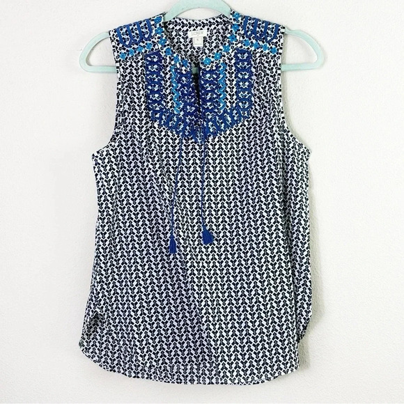 J. Crew Embroidered Tassel Sleeveless 100% cotton Tank Top dark navy blue size 6 - Picture 8 of 8